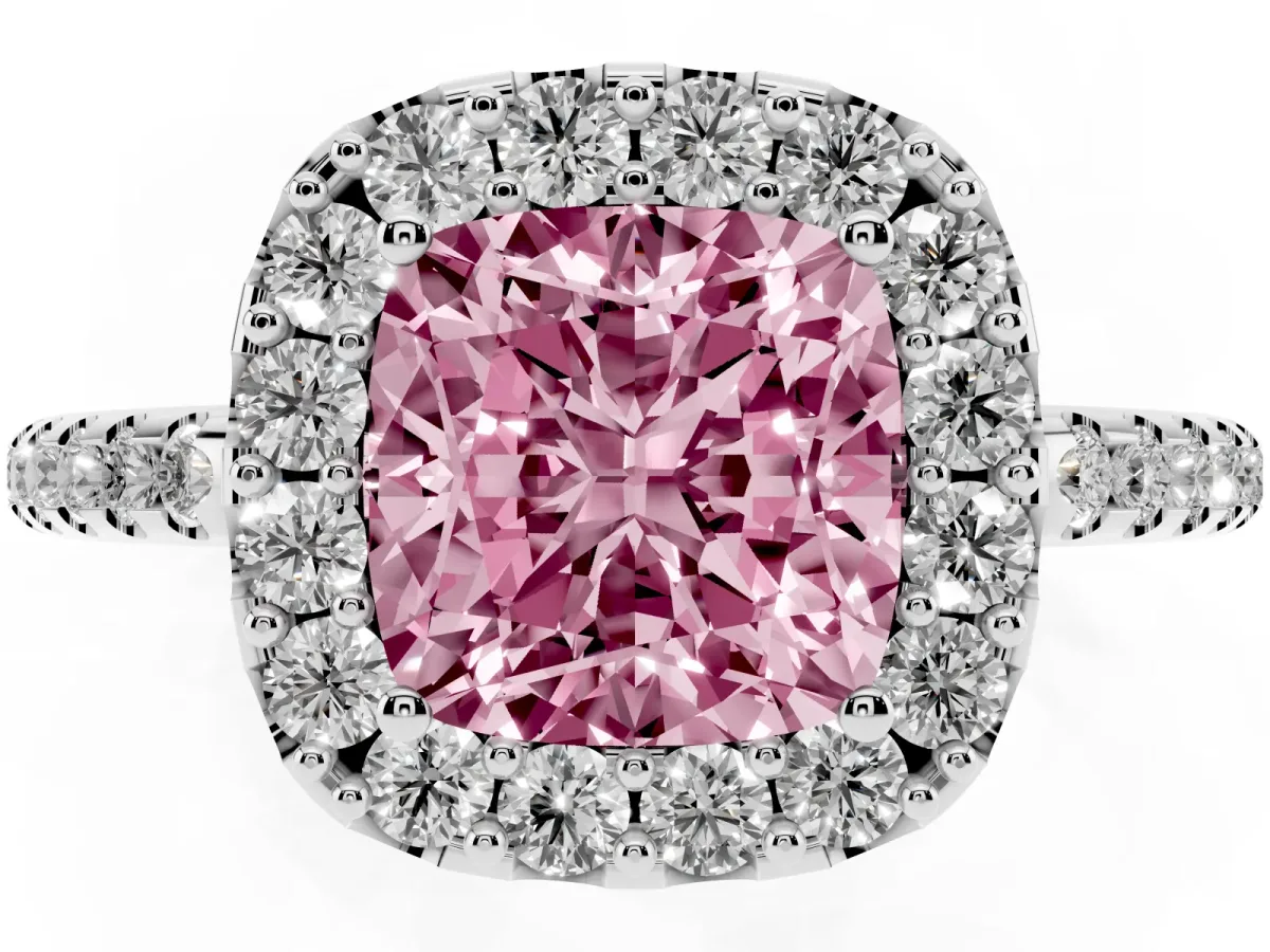 Fancy Pink Cushion Cut Diamond Pavé Halo Ring with Four-Prong Setting Silver