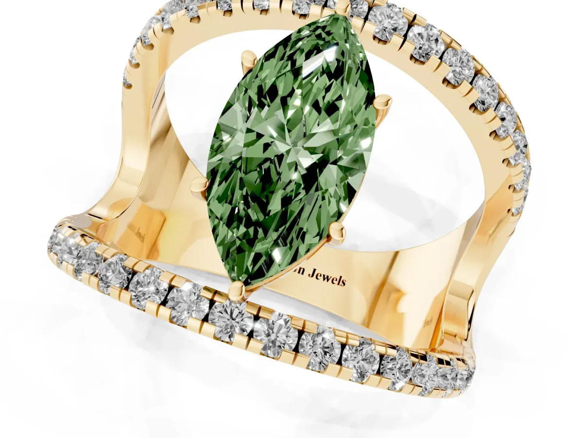 Fancy Green Marquise Cut Solitaire Split Shank Pave Diamond Ring Yellow gold