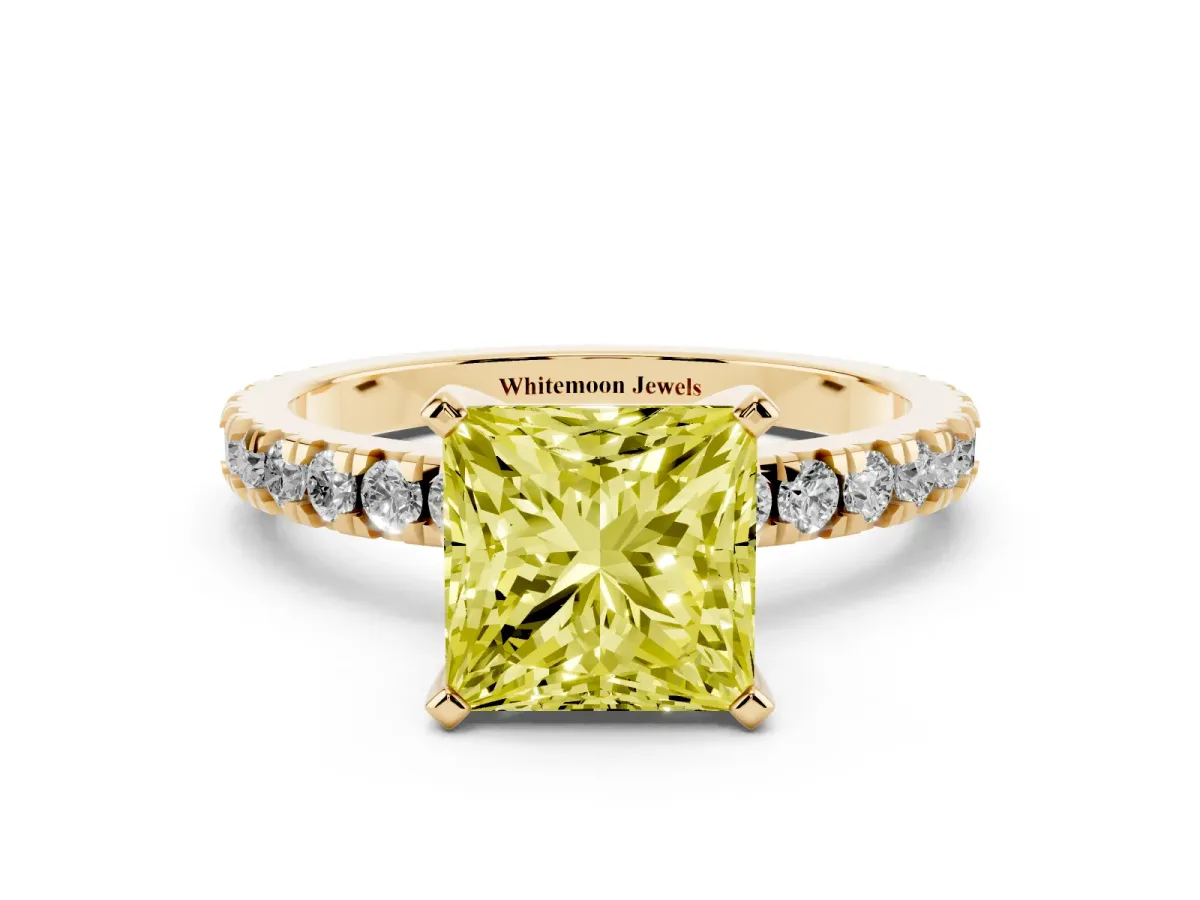 Fancy Yellow Princess Cut Diamond Pavé Band Solitaire with Four-Prong Setting Yellow gold