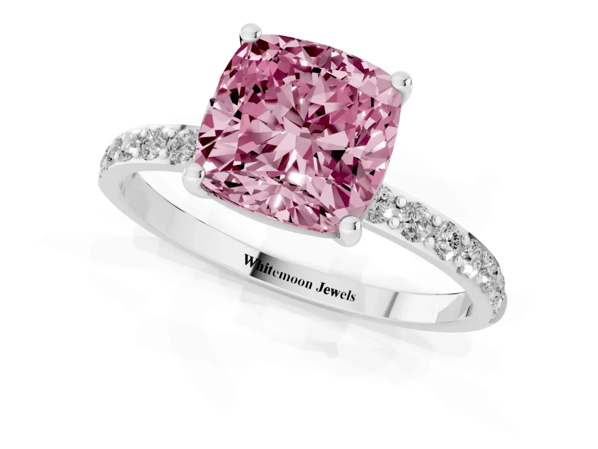 Fancy Pink Cushion Cut Diamond Solitaire Ring with Round Pavé Shoulders and Prong Setting Silver