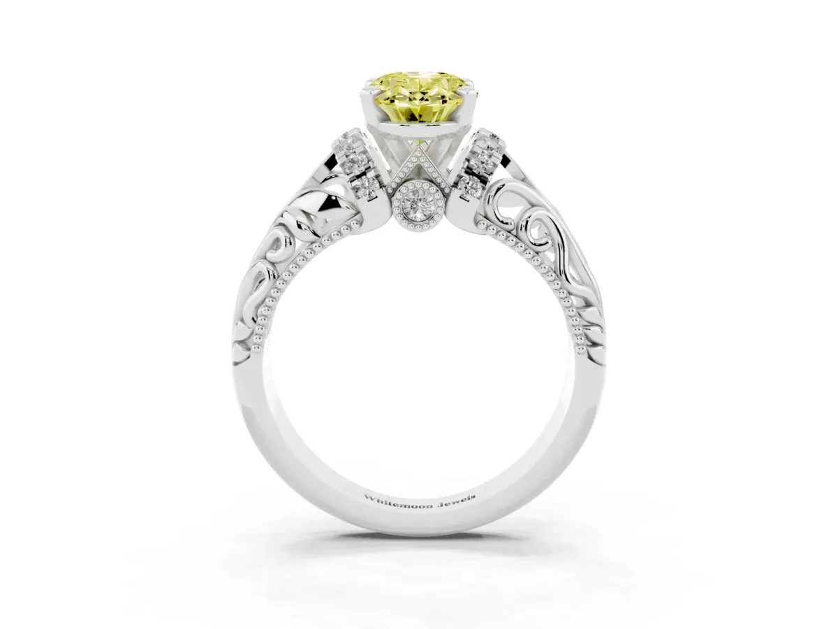 Fancy Yellow Oval Cut Solitaire Filigree Engagement Ring with Halo and Prong Setting Silver
