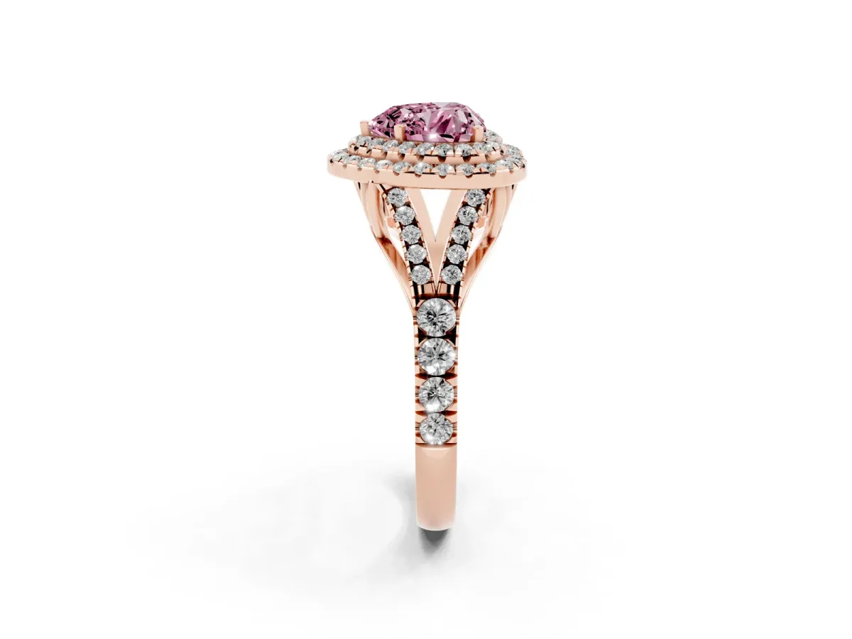 Fancy Pink Double Halo Heart Cut Diamond Split Shank Engagement Ring with Four-Prong Setting Rose gold