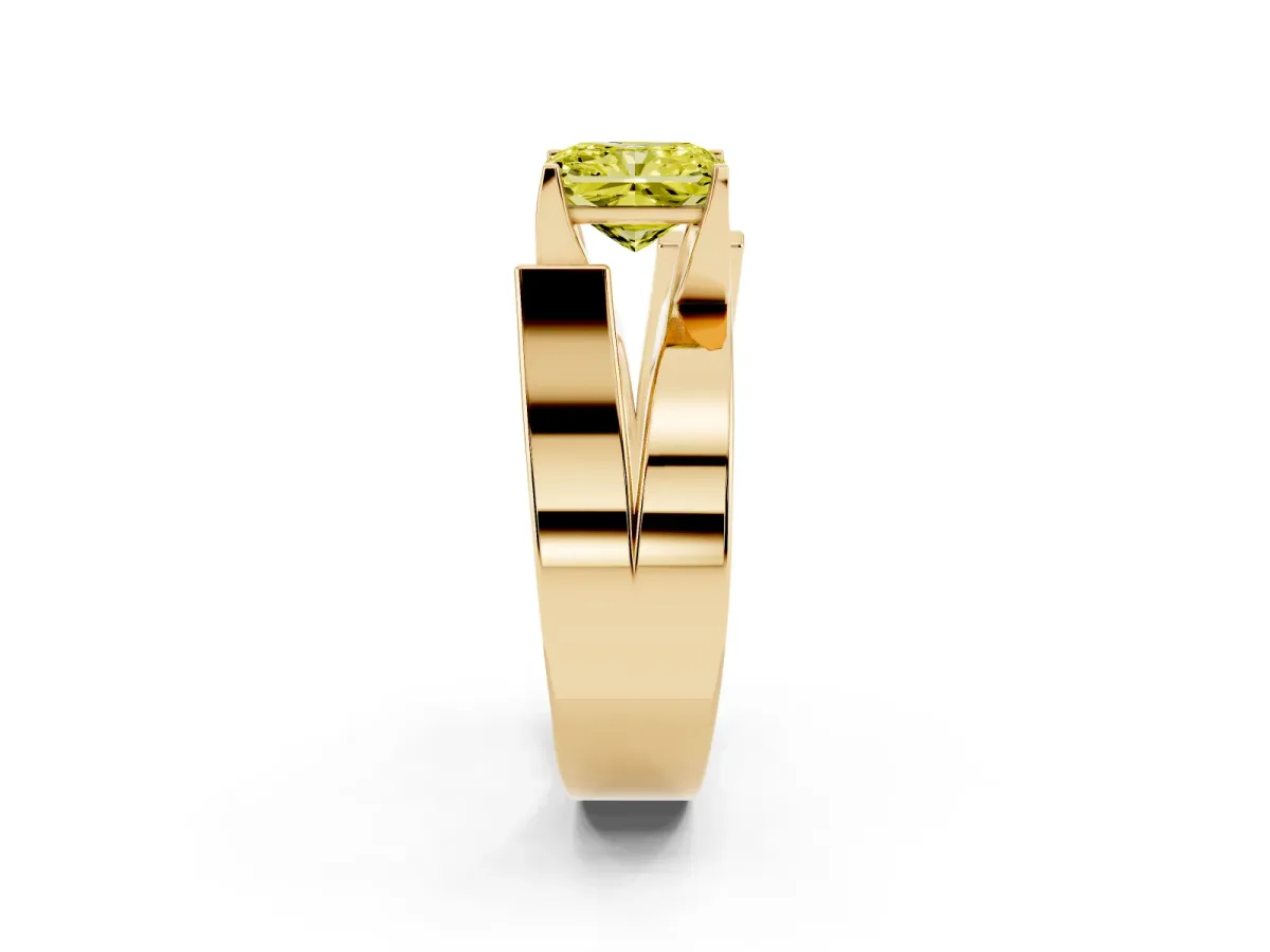 Fancy Yellow Modern Tension Set Radiant Cut Diamond Solitaire Wide Band Ring Yellow gold