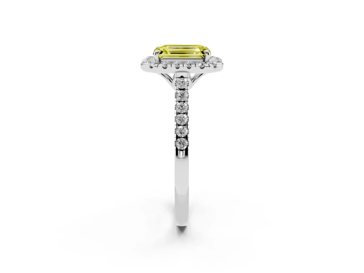 Fancy Yellow Emerald Cut Halo Pavé Diamond Engagement Ring with Four-Prong Setting Silver