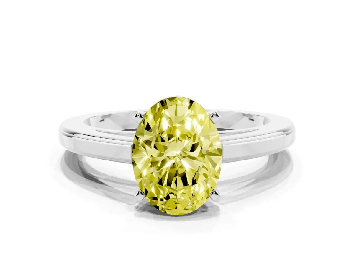 Fancy Yellow Oval Cut Solitaire Diamond Ring with Four-Prong Setting and Classic Band Platinum