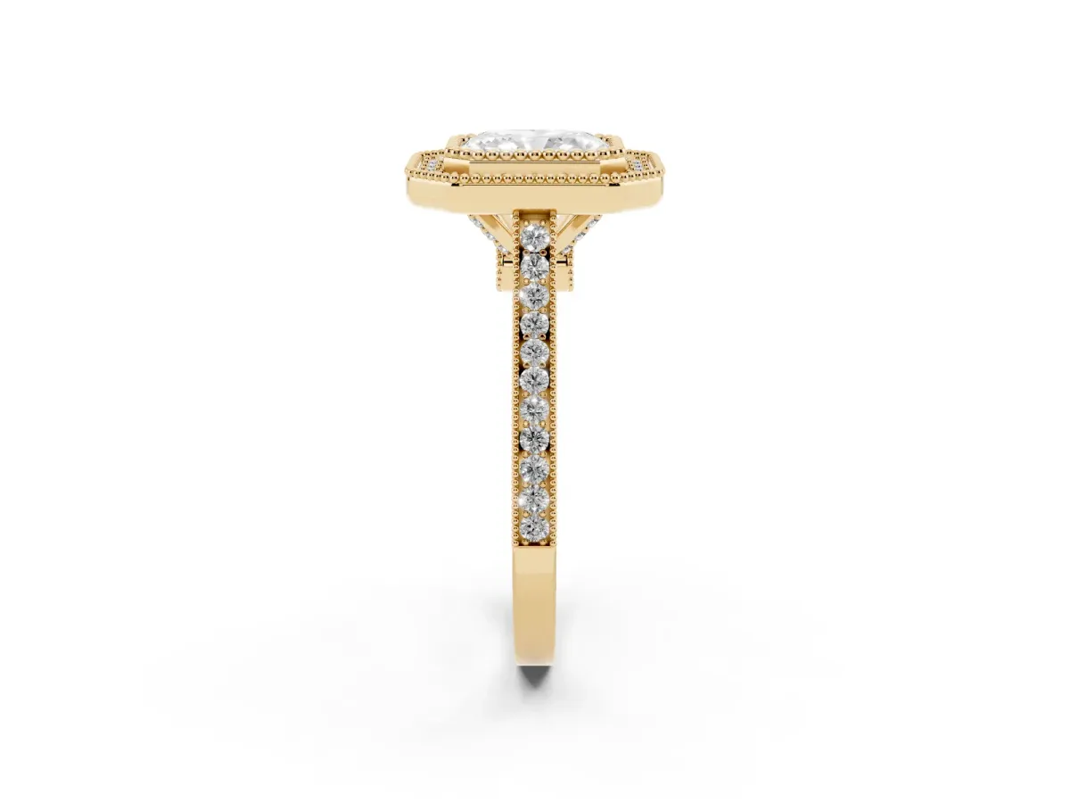 Radiant Cut Diamond Halo Ring with Milgrain Frame and Pavé Band Yellow gold