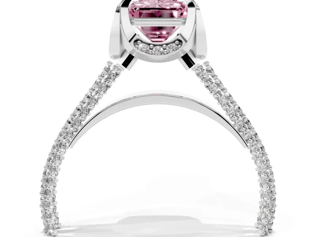 Fancy Pink Emerald Cut Solitaire Pave Split Shank Ring with Four-Prong Setting Silver