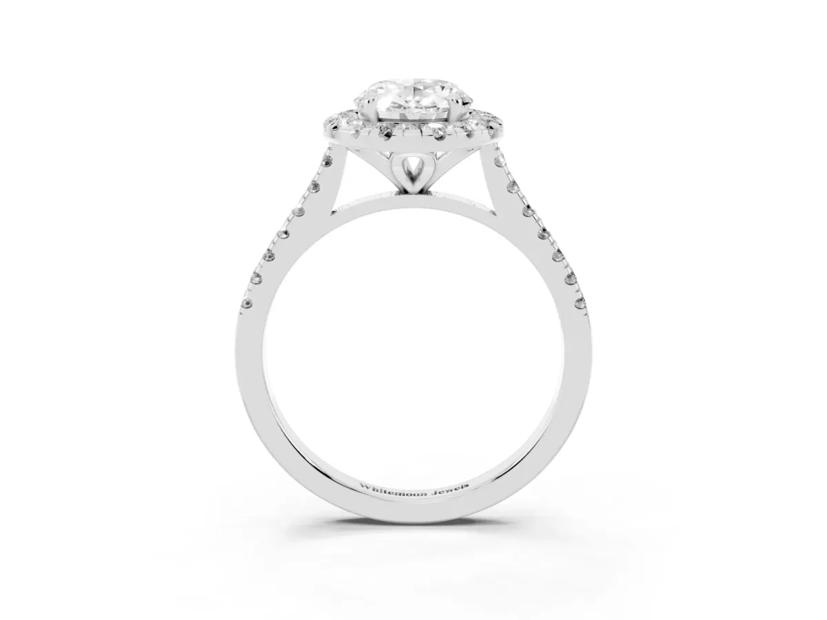 Oval Cut Diamond Cushion Halo Ring with Pavé Band Silver
