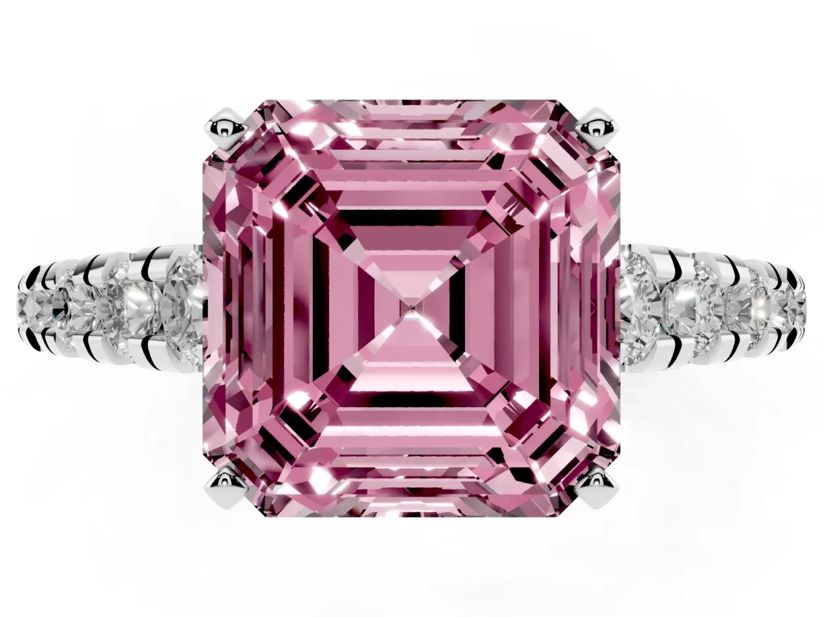 Fancy Pink Asscher Cut Diamond Cathedral Solitaire Ring with Round Pavé Band Silver