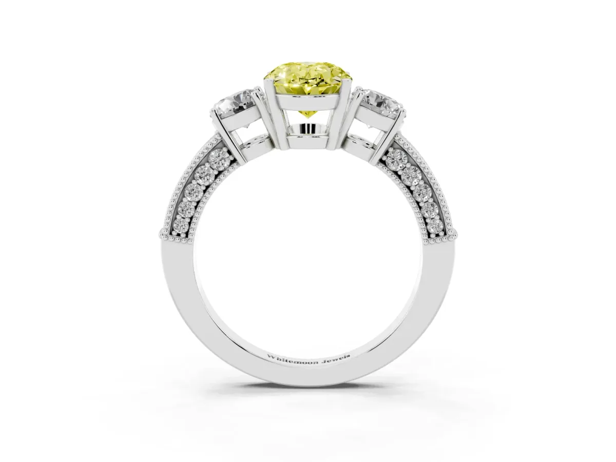 Fancy Yellow Oval Cut Three-Stone Diamond Ring with Pavé Band and Four-Prong Setting Silver