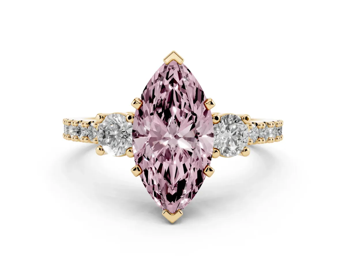 Fancy Pink Marquise Cut Three-Stone Diamond Pavé Band with Prong Setting Yellow gold
