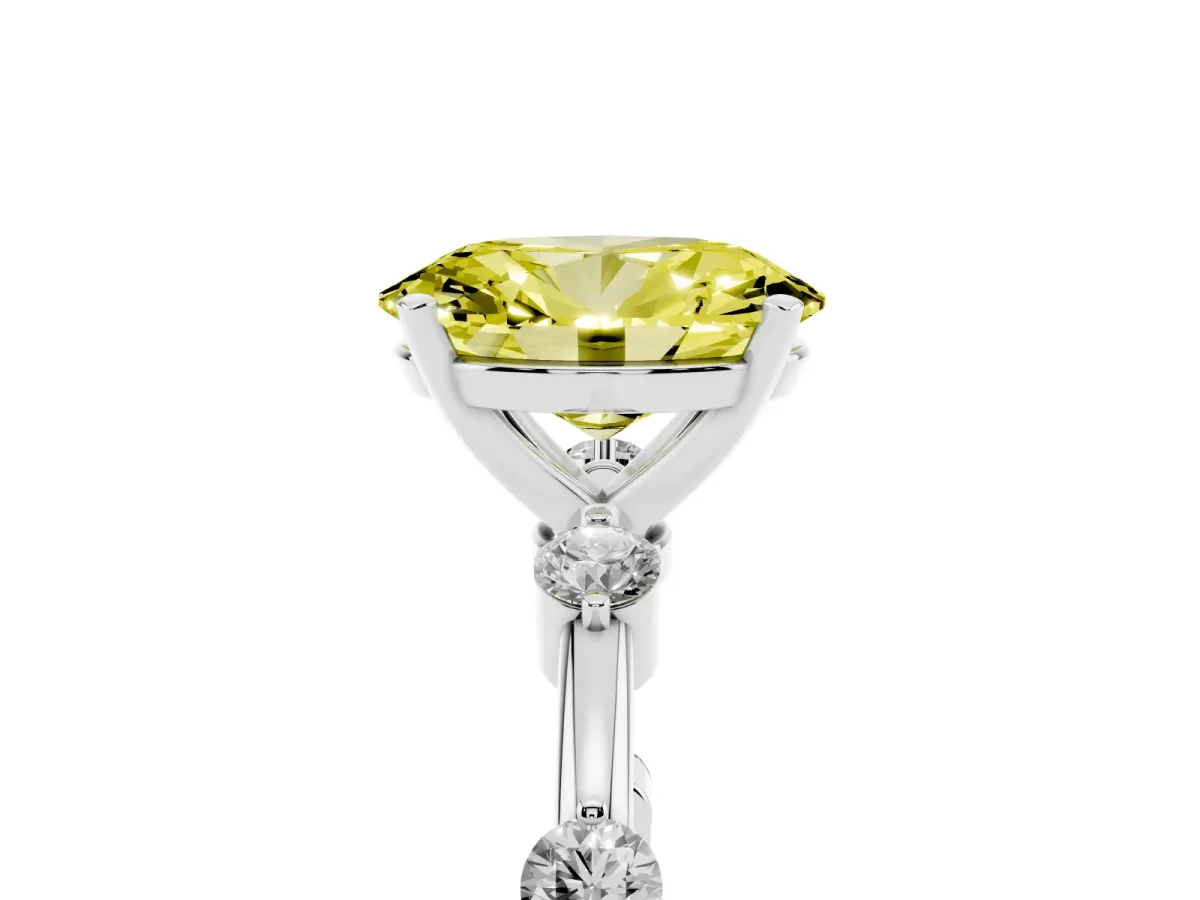 Fancy Yellow Oval Cut Solitaire Diamond Ring with Bezel Set Side Stones and Prong Setting Silver