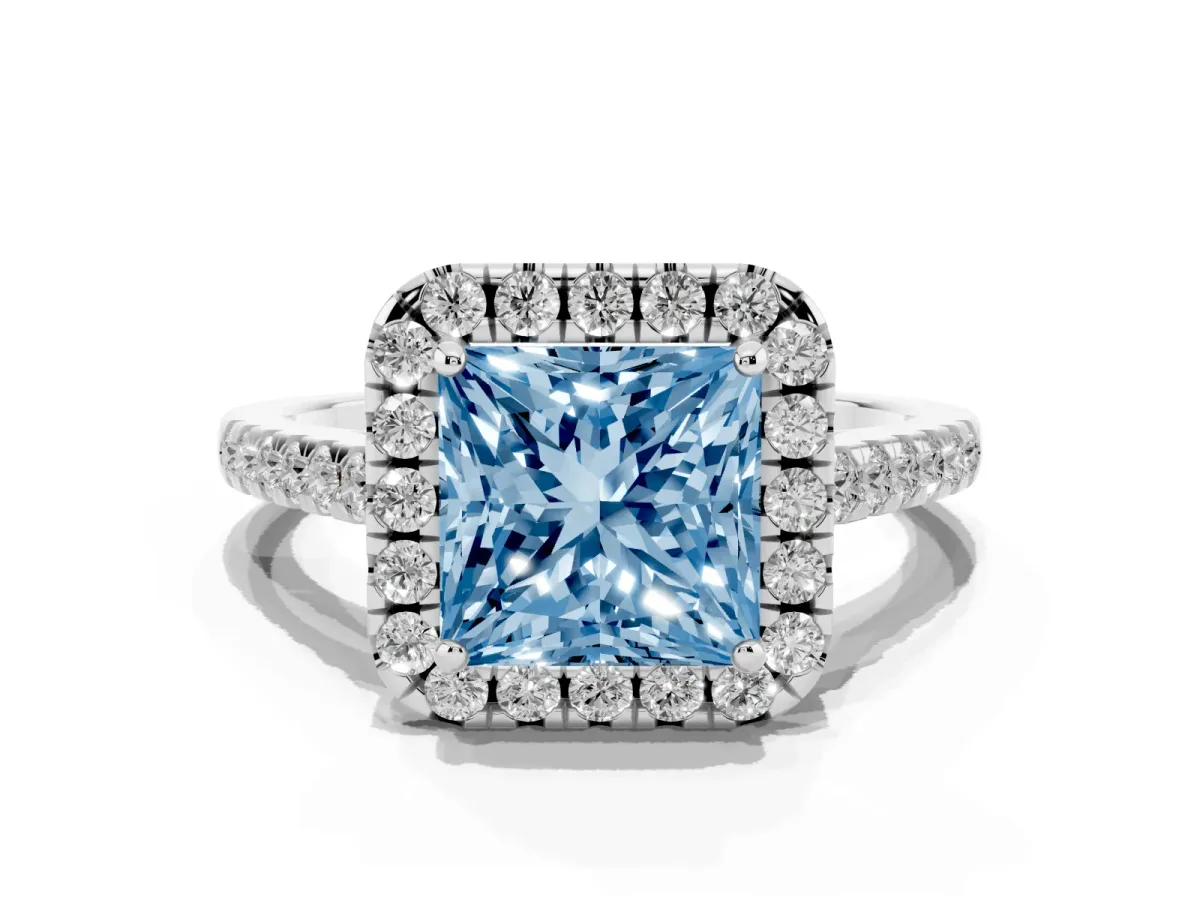 Fancy Blue Princess Cut Halo Pave Diamond Engagement Ring with Four-Prong Setting Platinum