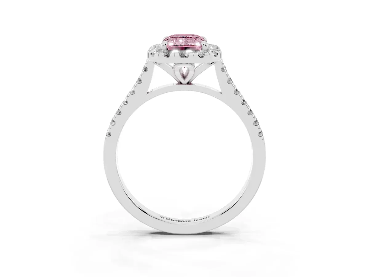 Fancy Pink Emerald Cut Diamond Cushion Halo Ring with Pavé Band Silver