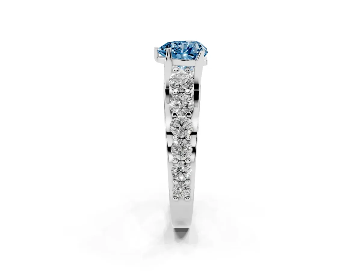 Fancy Blue Heart Cut Diamond Engagement Ring with Pavé Band and Four-Prong Setting Platinum
