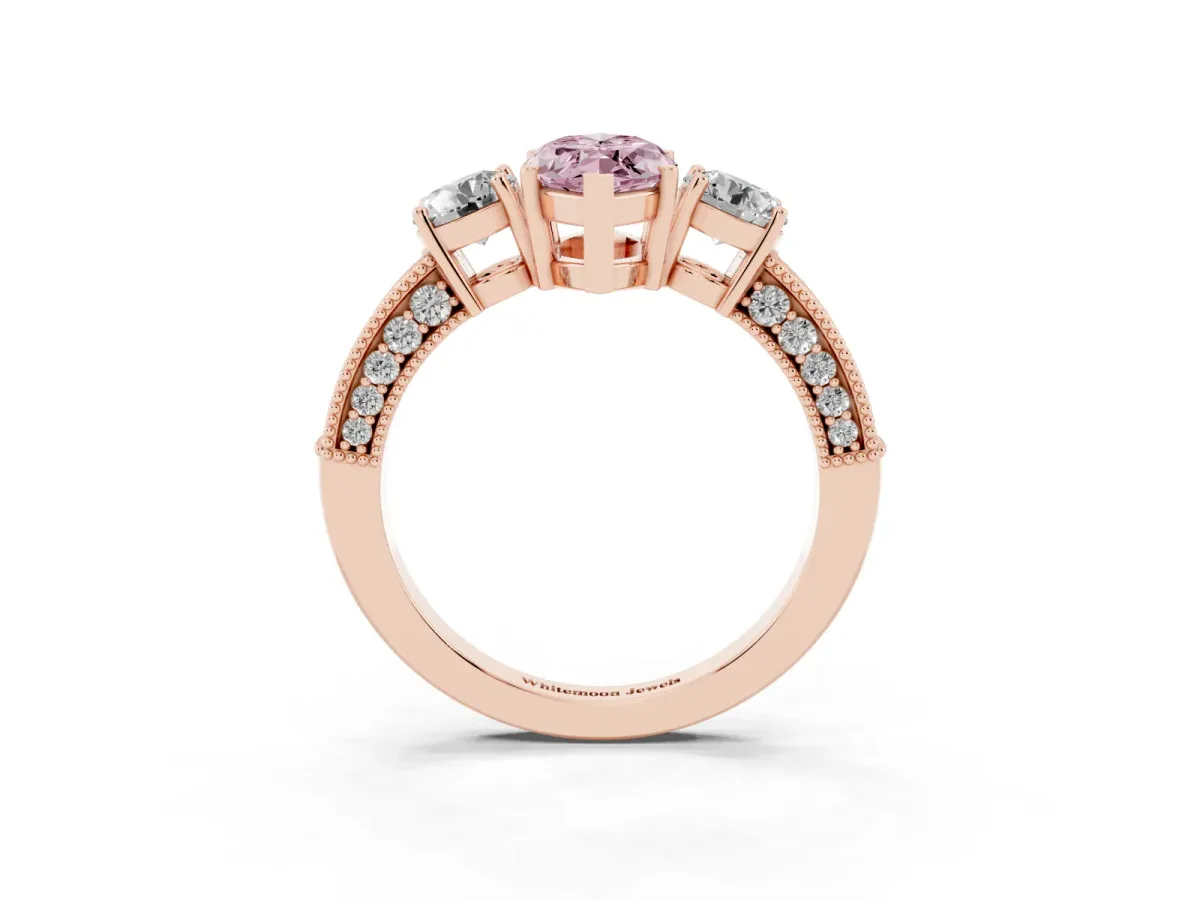 Fancy Pink Marquise Cut Three-Stone Diamond Ring with Pavé Band and Four-Prong Setting Rose gold