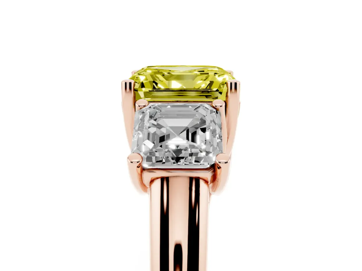 Fancy Yellow Three-Stone Asscher Cut Diamond Engagement Ring with Prong Setting Rose gold