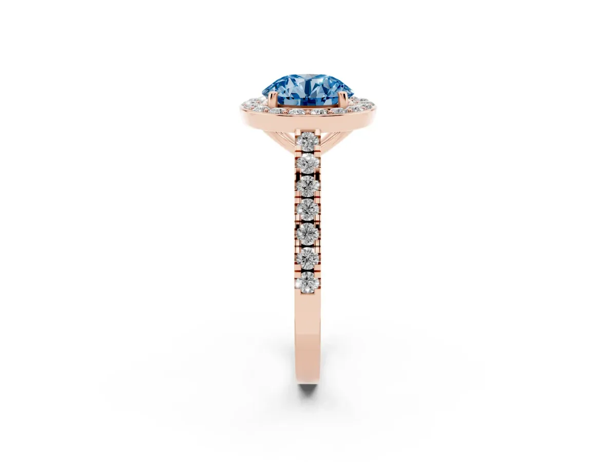Fancy Blue Round Cut Diamond Halo Ring with Round Pavé Split Shank and Prong Setting Rose gold