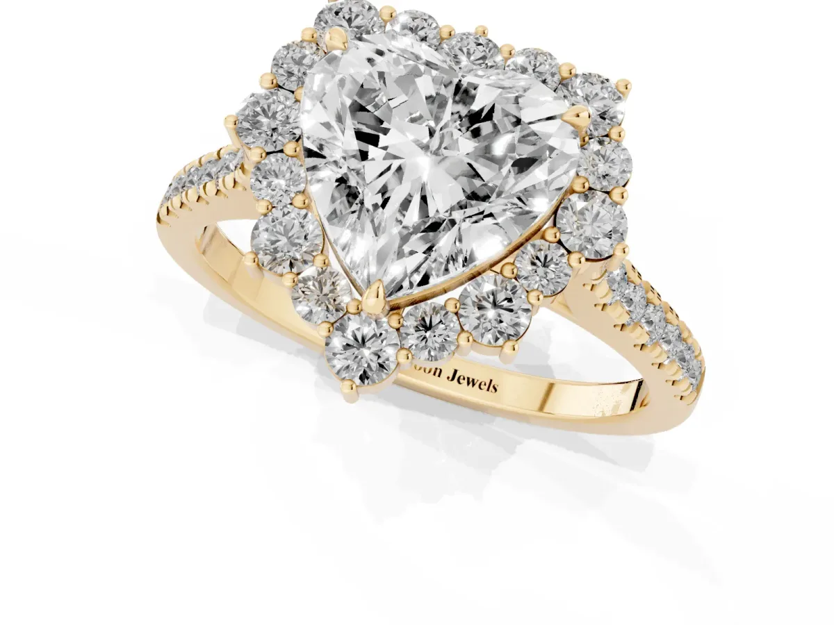 Heart Cut Halo Diamond Ring with Pavé Band and Prong Setting Yellow gold