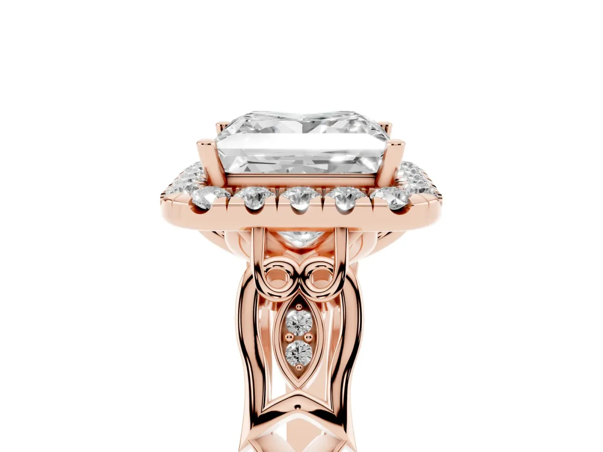 Princess Cut Halo Diamond Engagement Ring with Filigree Band and Four-Prong Setting Rose gold