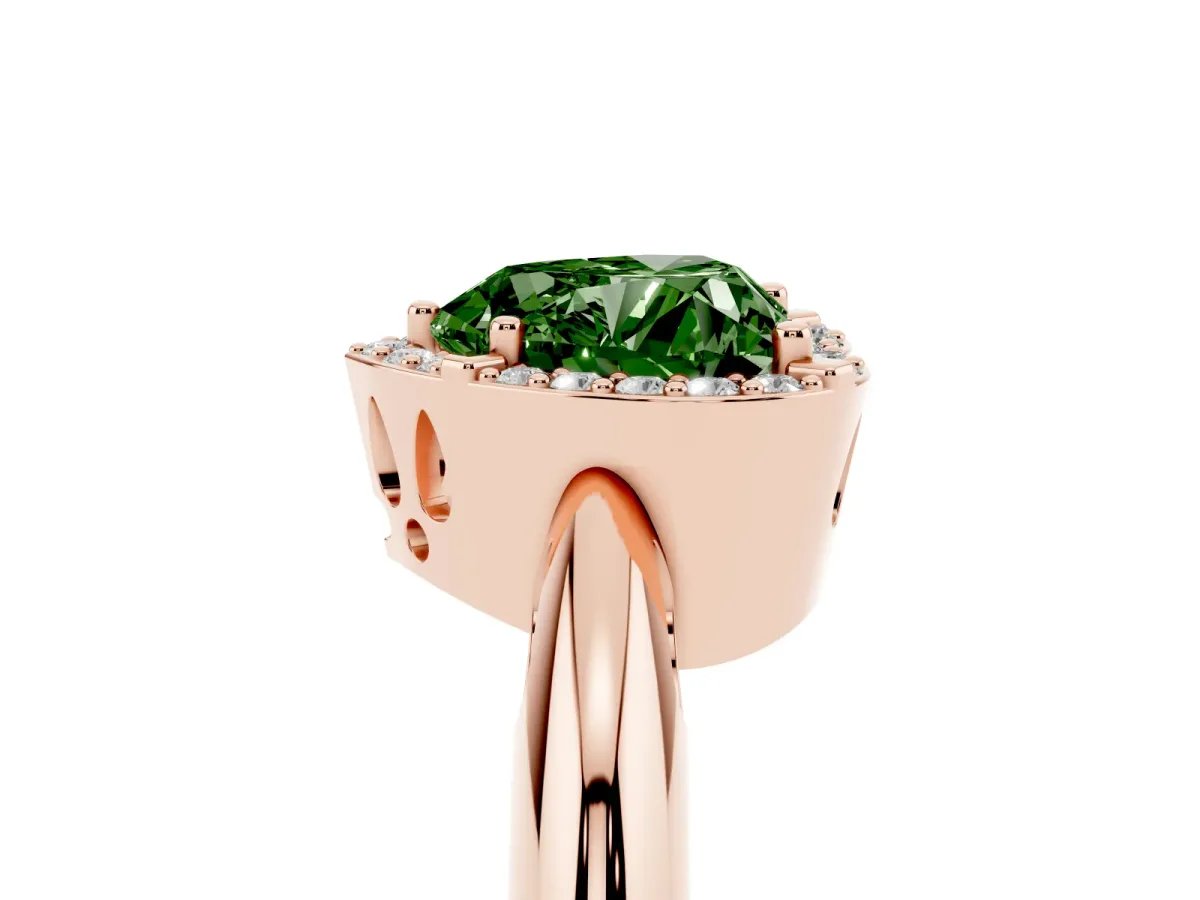 Fancy Green Heart Cut Cut Diamond Halo Engagement Ring with Split Shank and Four-Prong Setting Rose gold