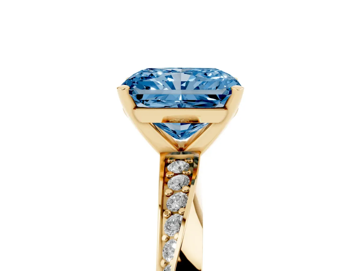 Fancy Blue Radiant Cut Diamond Engagement Ring with Side Stone Accents and Four-Prong Setting Yellow gold
