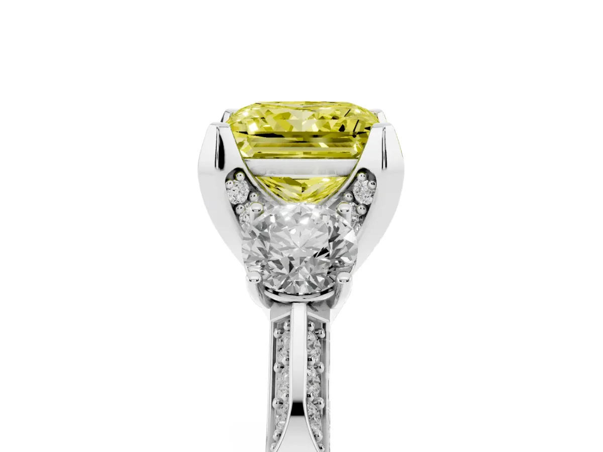 Fancy Yellow Princess Cut Brilliant Three-Stone Diamond Ring with Pavé Band and Four-Prong Setting White gold