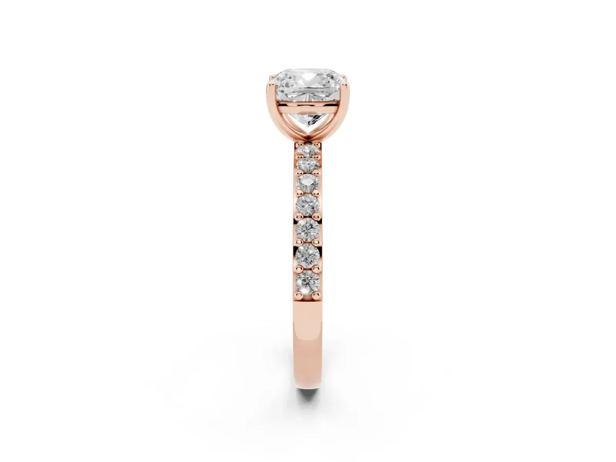 Cushion Cut Cut Diamond Solitaire with Pave Band and Four-Prong Setting Rose gold