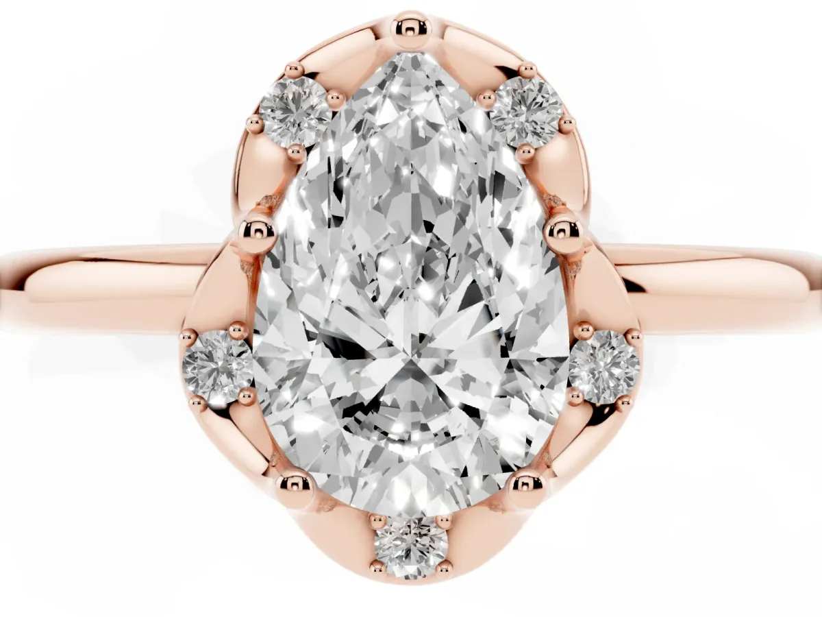 Pear Cut Halo Diamond Ring with Round Cluster Setting, Solitaire Band, and Four-Prong Setting Rose gold
