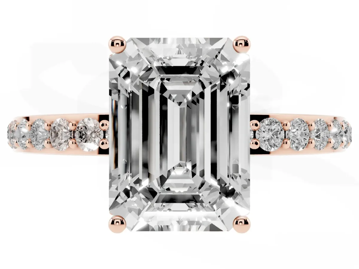Emerald Cut Diamond Solitaire Ring with Pavé Band and Hidden Halo Rose gold