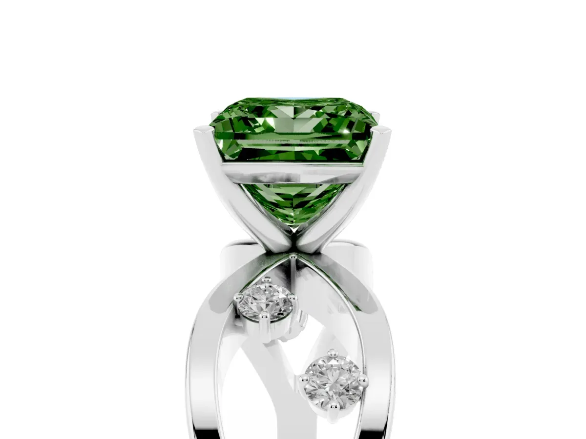 Fancy Green Princess Cut Cut Solitaire Diamond with Side Stones on Criss-Cross Band and Four-Prong Setting Silver