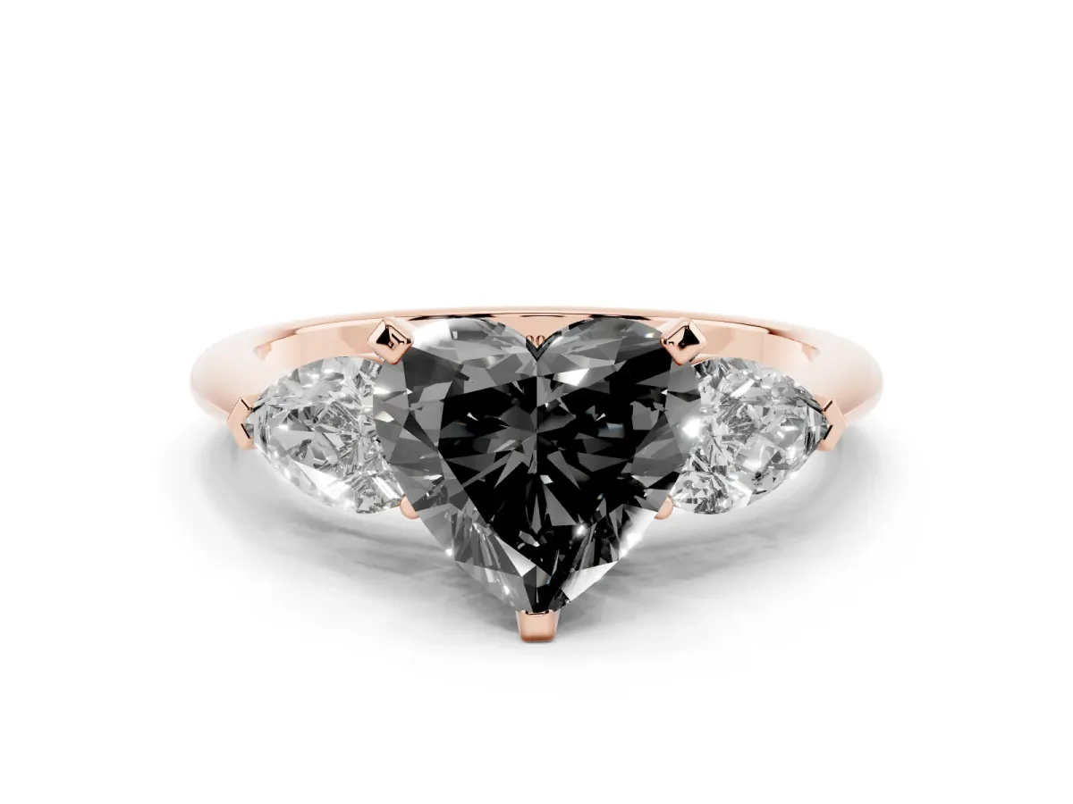 Fancy Black Three-Stone Heart Cut Diamond Ring with Pear Side Stones and Four-Prong Setting Rose gold