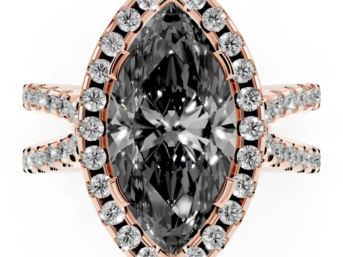 Fancy Black Marquise Cut Diamond Halo Ring with Split Shank Pavé Band and Prong Setting Rose gold
