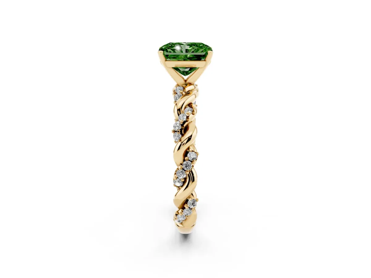 Fancy Green Radiant Cut Diamond Solitaire Ring with Twisted Band and Pavé Accents Yellow gold