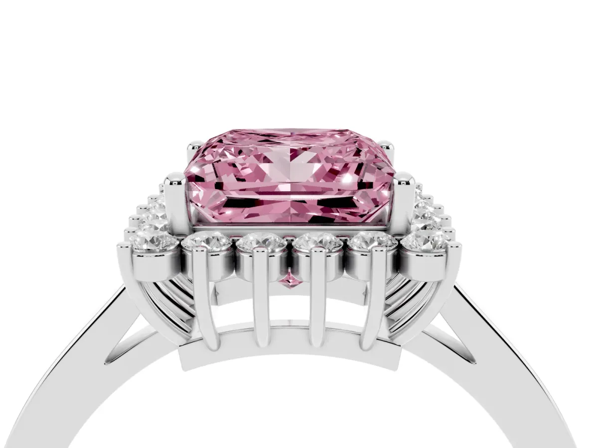Fancy Pink Princess Cut Cut Diamond Halo Ring with Round Brilliant Halo and Solitaire Band Platinum