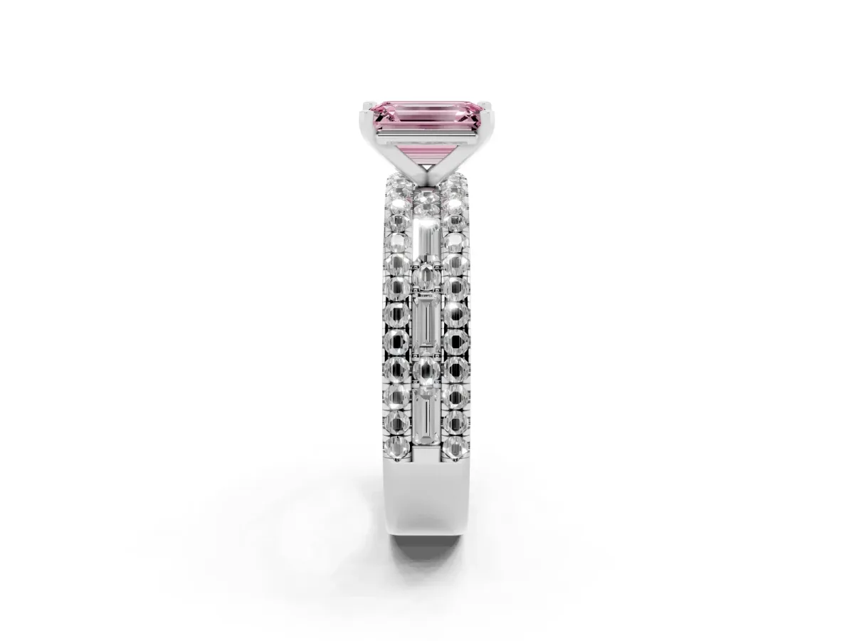 Fancy Pink Emerald Cut Diamond Solitaire Ring with Pavé and Channel Set Band Silver