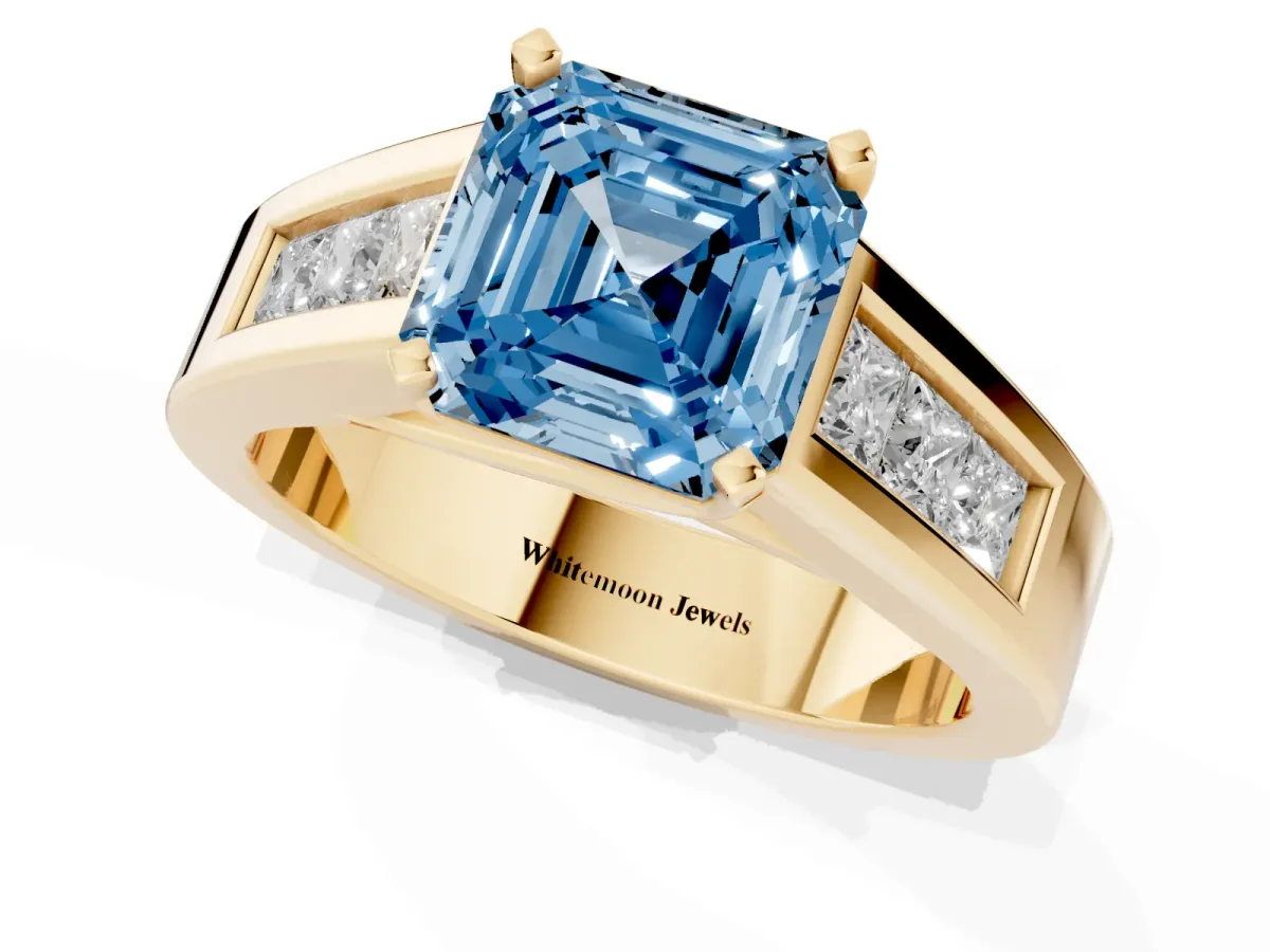 Fancy Blue Asscher Cut Cut Channel Set Solitaire Ring with Four-Prong Setting Yellow gold