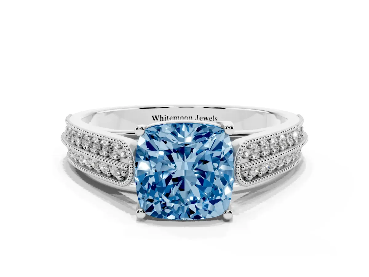 Fancy Blue Cushion Cut Cut Pave Split Shank Engagement Ring with Four-Prong Setting White gold