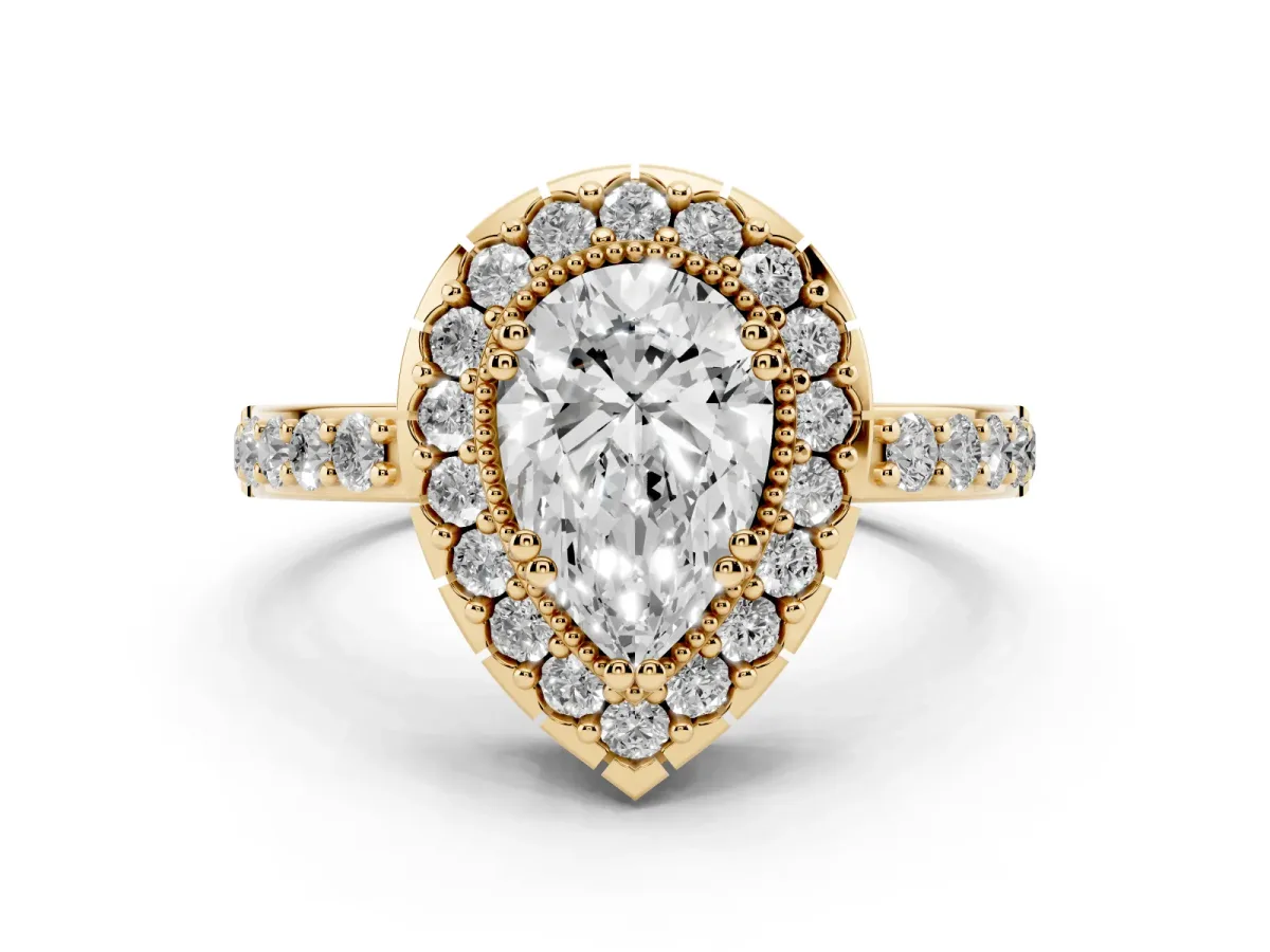 Pear Cut Diamond Halo Ring with Pavé Band and Prong Setting Yellow gold