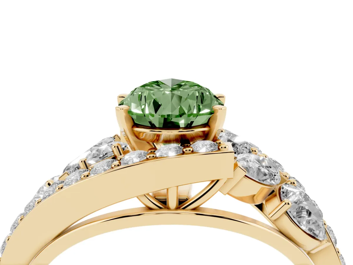 Fancy Green Pear Cut Diamond Halo Ring with Marquise and Pavé Band in Prong Setting Yellow gold