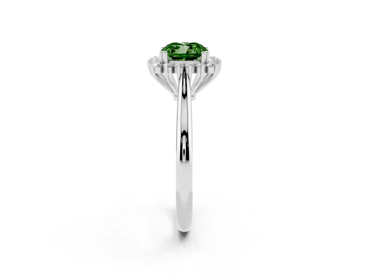 Fancy Green Cushion Cut Cut Diamond Halo Ring with Solitaire Band and Prong Setting Silver