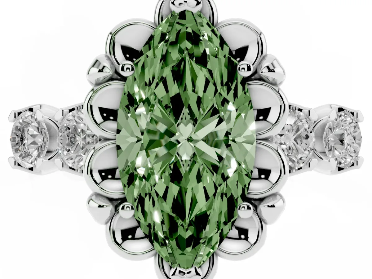 Fancy Green Marquise Cut Cut Diamond Floral Halo Engagement Ring with Shared Prong Setting Silver
