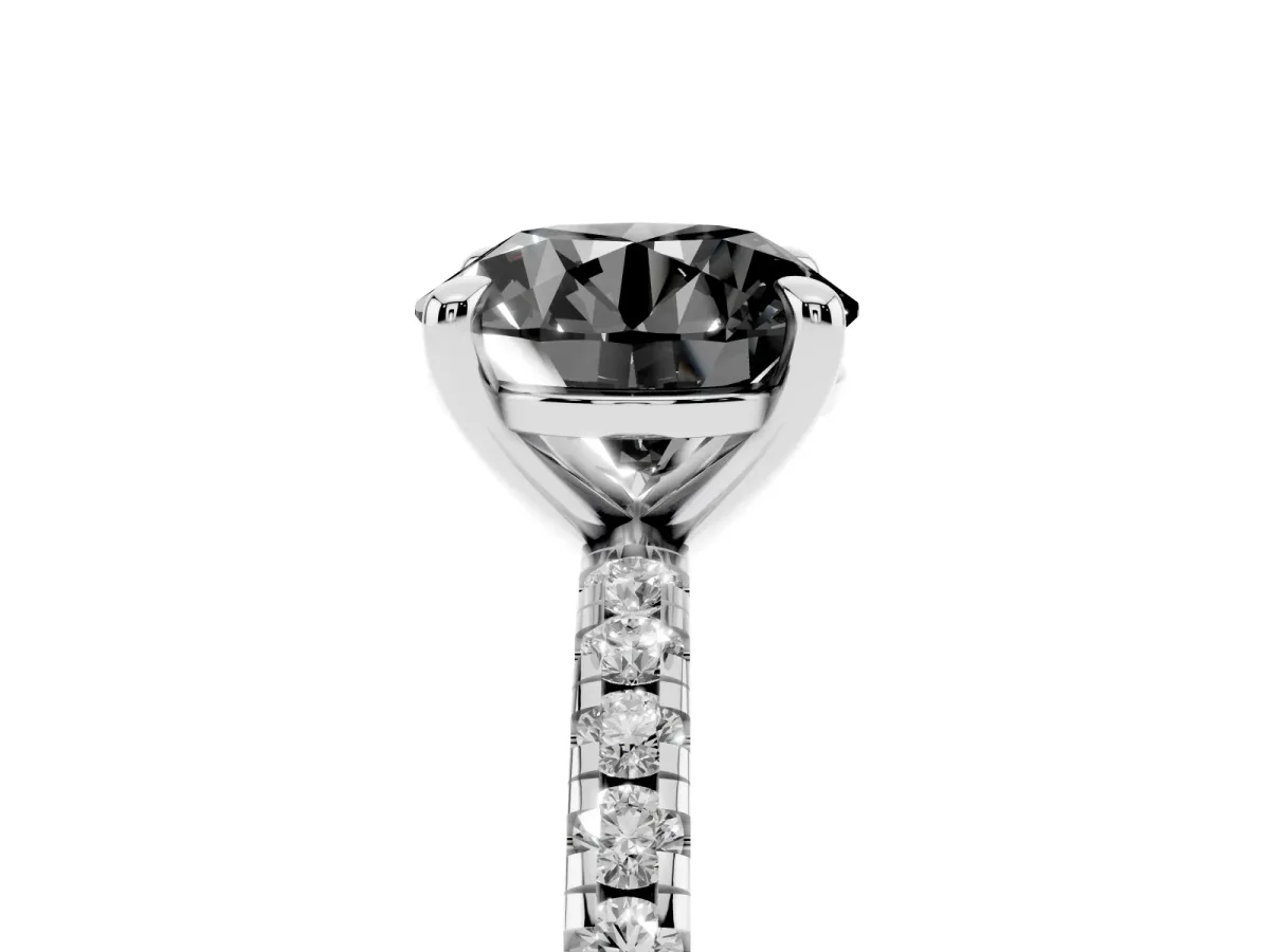 Fancy Black Round Cut Diamond Brilliant Solitaire Ring with Pavé Band and Four-Prong Setting Platinum