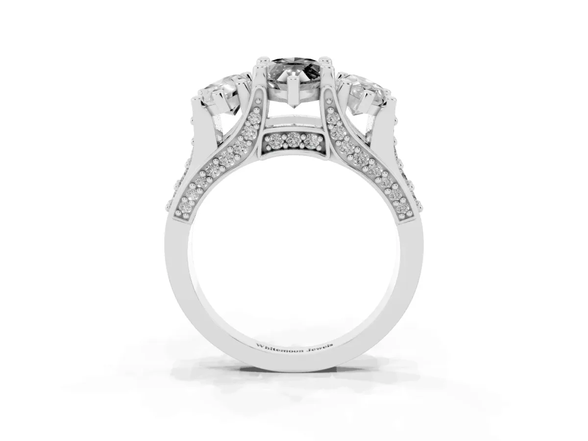 Fancy Black Marquise Cut Diamond Three-Stone Ring with Channel Set Band and Four-Prong Setting Platinum