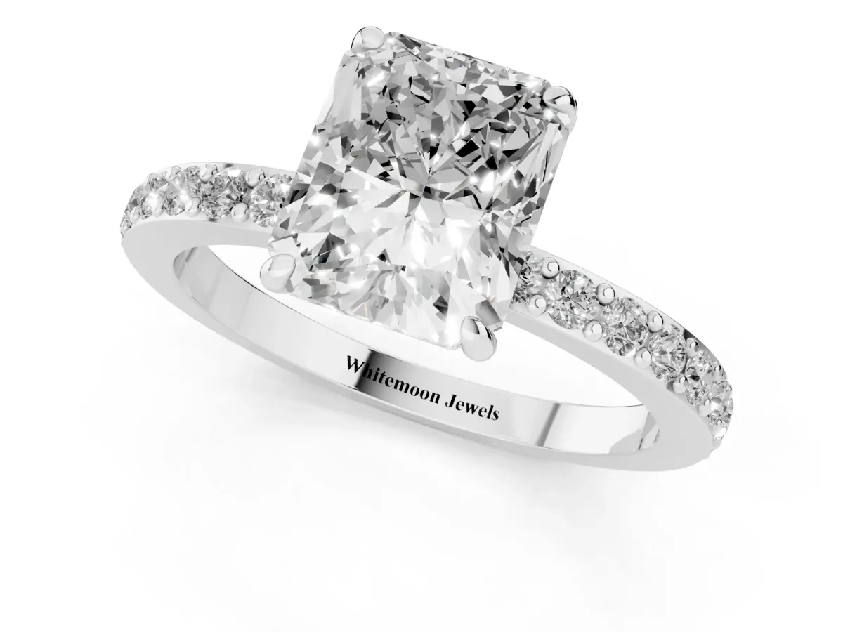 Radiant Cut Diamond Pavé Engagement Ring with Round Accents and Prong Setting Silver