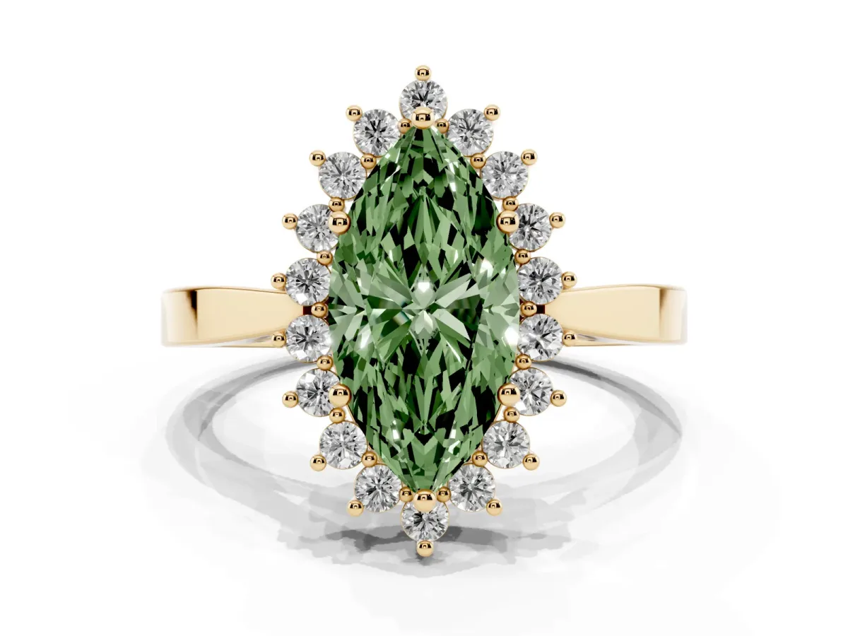 Fancy Green Marquise Cut Cut Diamond Halo Ring with Round Brilliant Halo and Solitaire Band Yellow gold