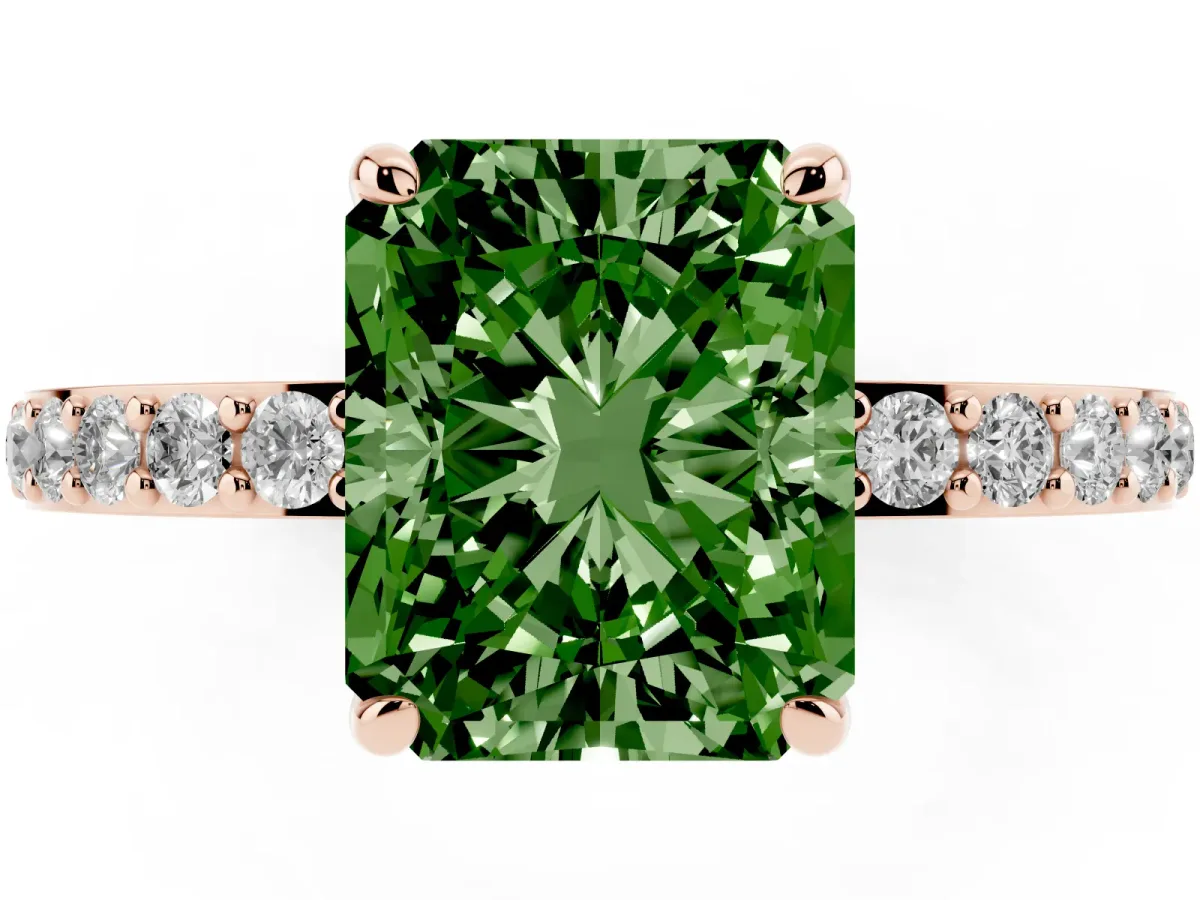 Fancy Green Radiant Cut Diamond Pavé Engagement Ring with Round Accents and Prong Setting Rose gold