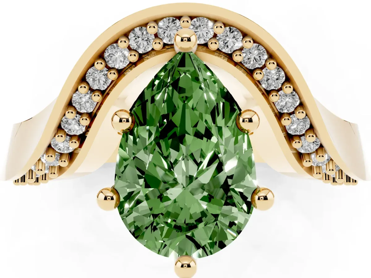 Fancy Green Pear Cut Solitaire Diamond Engagement Ring with Pave Band and Four-Prong Setting Yellow gold