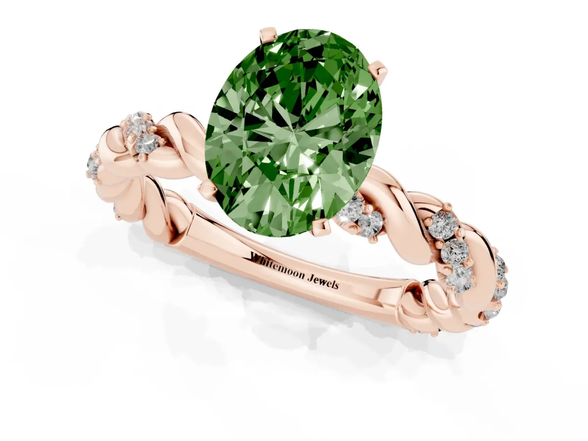 Fancy Green Oval Cut Diamond Solitaire Ring with Twisted Band and Pavé Accents Rose gold
