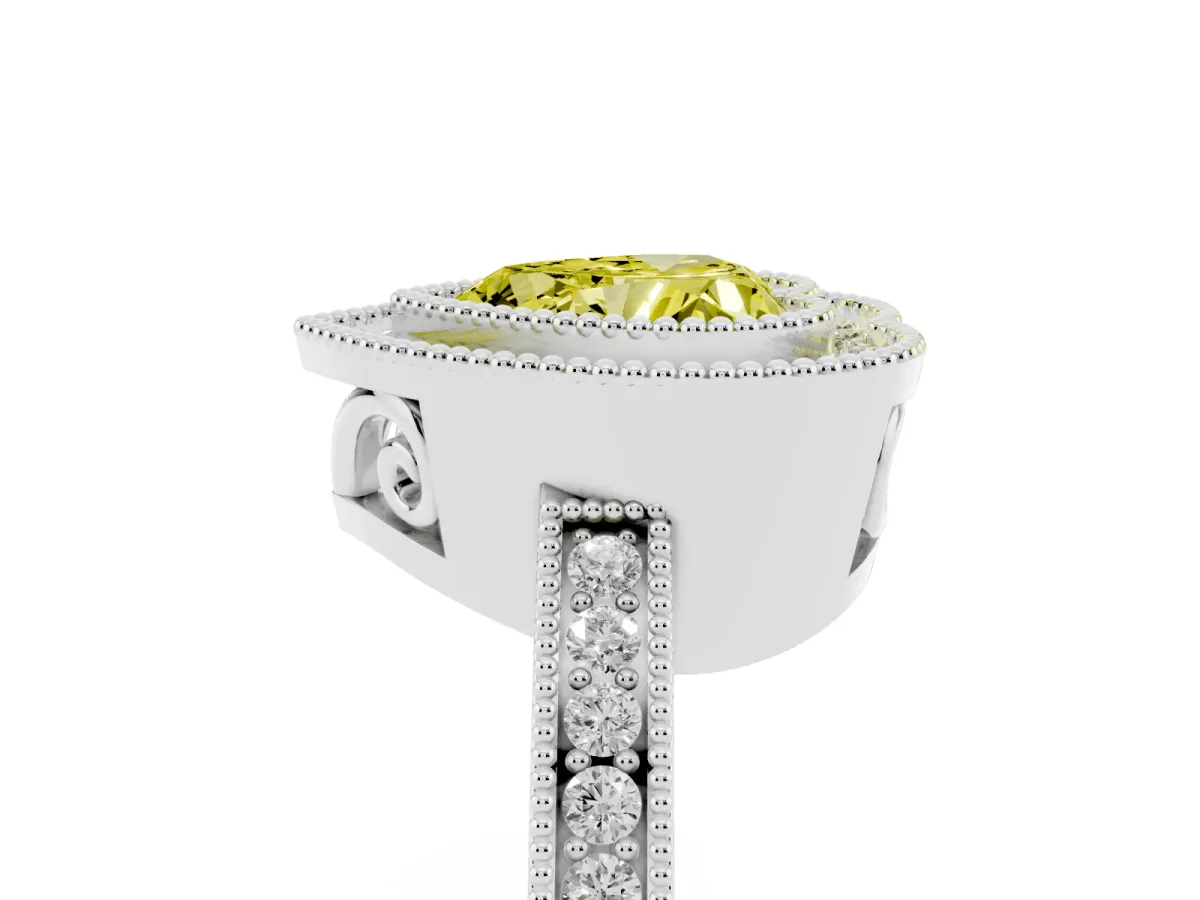 Fancy Yellow Heart Cut Cut Halo Diamond Ring with Pavé Band and Milgrain Prong Setting Platinum